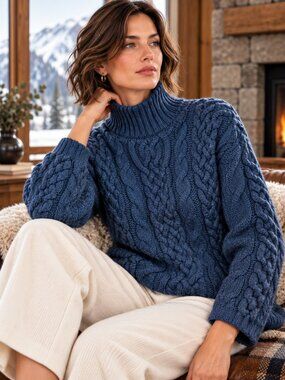Vintage Tivoli Aran Sweater Womens L Blue Wool Cable Knit Turtleneck Chunky